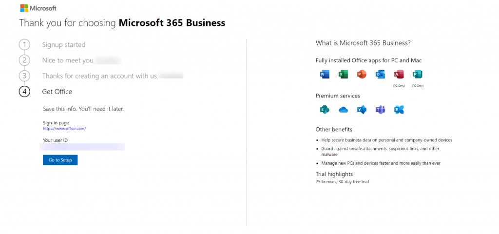 Completing the Microsoft M365 Tenant Sign-up process.